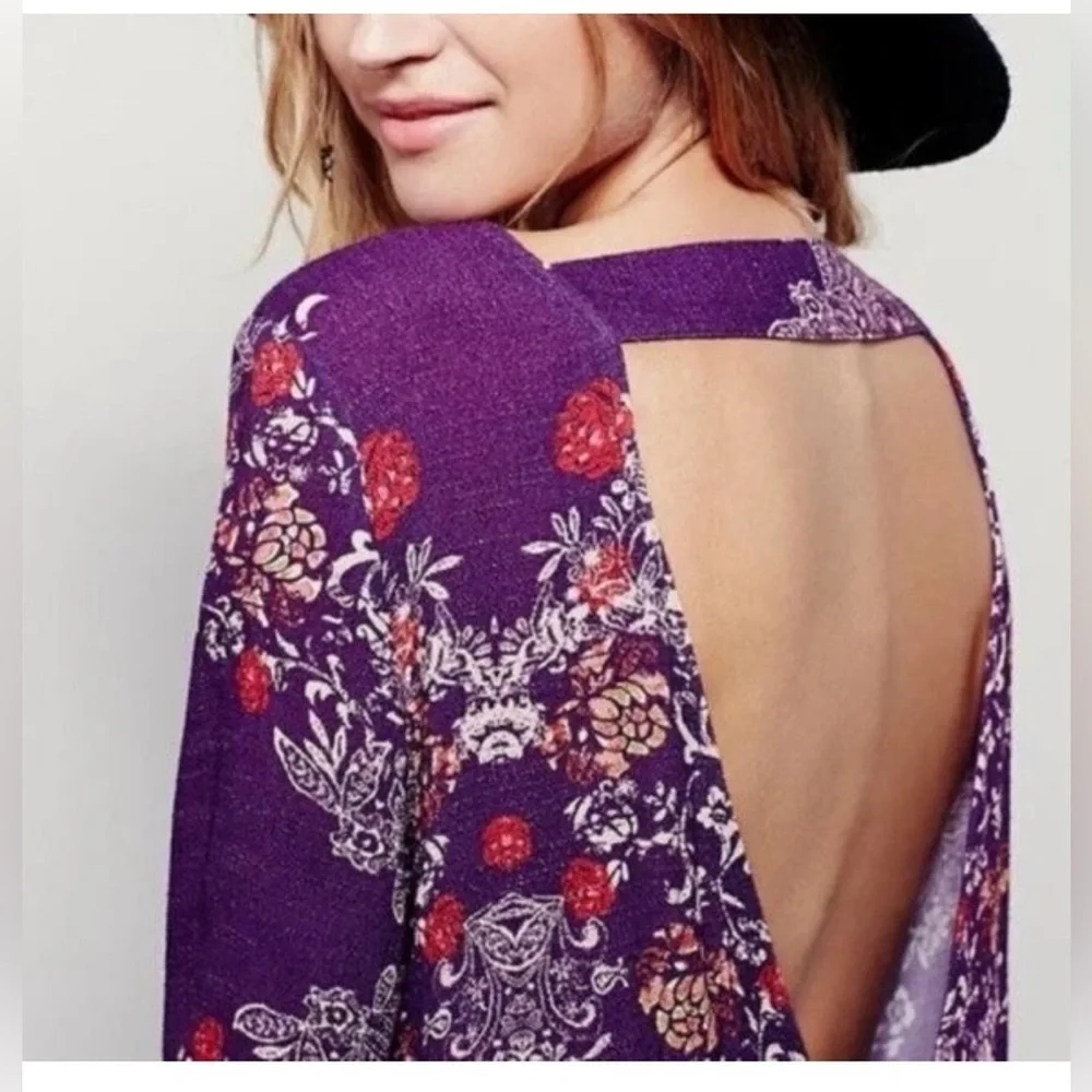 Free People Smooth Talker Purple Floral Open Back Long Sleeved Ruffled Tunic Top